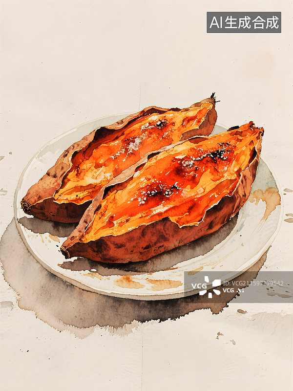 【AI数字艺术】水彩绘画烤红薯图片素材