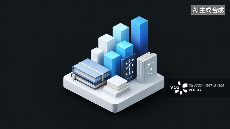 【AI数字艺术】立体书本与数据柱状图图片素材