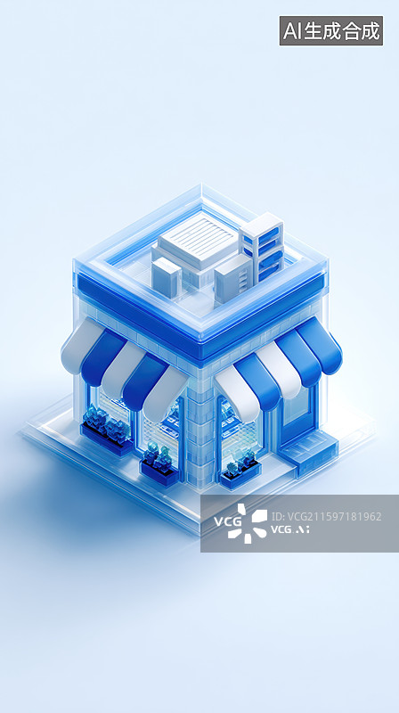 【AI数字艺术】蓝色透明商店建筑模型图片素材