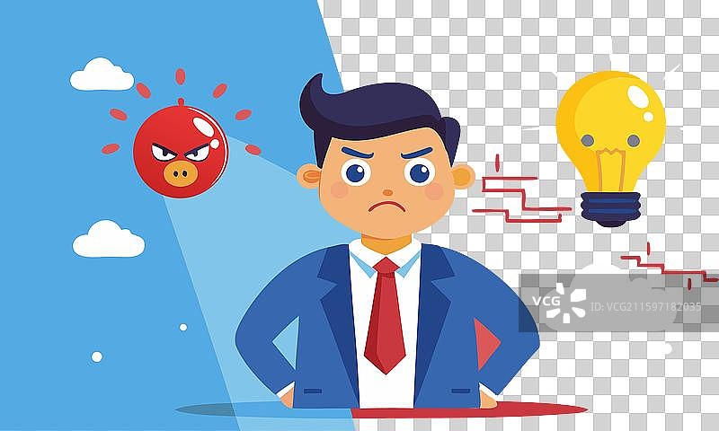 困惑的商人，头顶着一个邪恶的灯泡图片素材