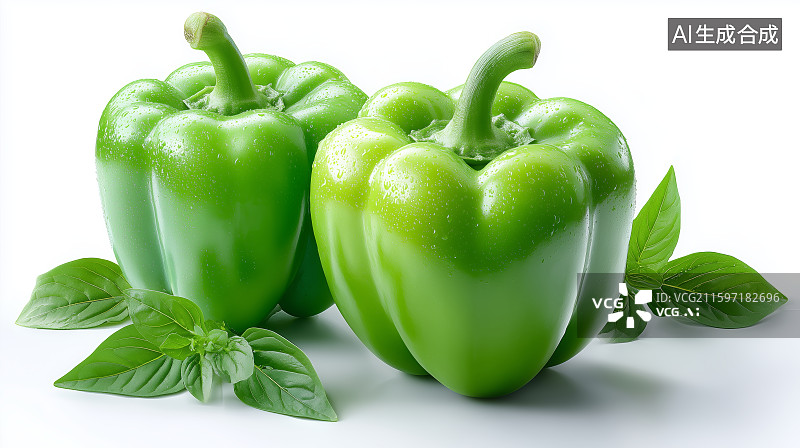 【AI数字艺术】新鲜绿色甜椒与绿叶装饰图片素材
