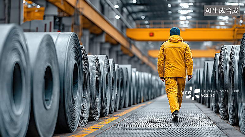 【AI数字艺术】一名工人走在钢卷仓库道路上，象征着不断发展的重工业供应链的规模和未来图片素材