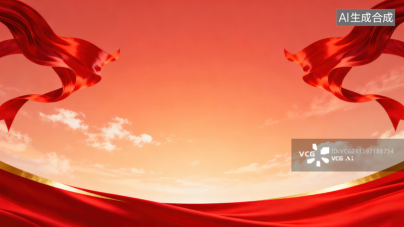 【AI数字艺术】暖红色天空背景下飘动在画面两侧的红色绸带，节日新年春节喜庆党建红色背景图图片素材