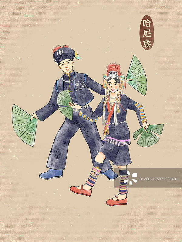 男女双人56民族，哈萨克族云南少数民族傣族哈尼族海南黎族福建浙江畲族图片素材