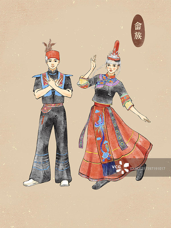 男女双人56民族，哈萨克族云南少数民族傣族哈尼族海南黎族福建浙江畲族图片素材