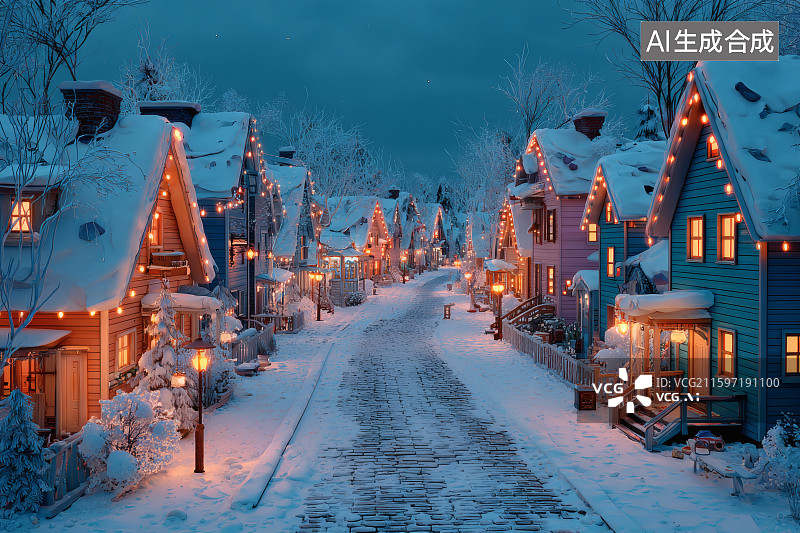 【AI数字艺术】雪乡，道路两边亮灯的雪屋图片素材