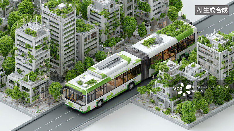 【AI数字艺术】城市道路中间的新能源公交车，两侧的城市建筑，绿色城市图片素材