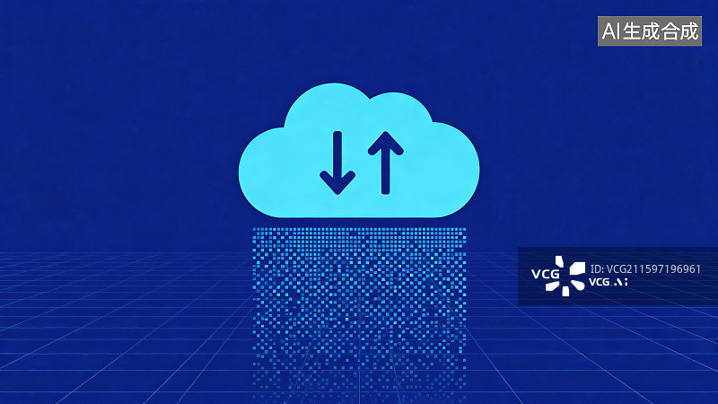 【AI数字艺术】蓝色科技粒子质感蓝色云朵上边有上传下载的箭头符号，科技云计算数据智能处理概念图片素材