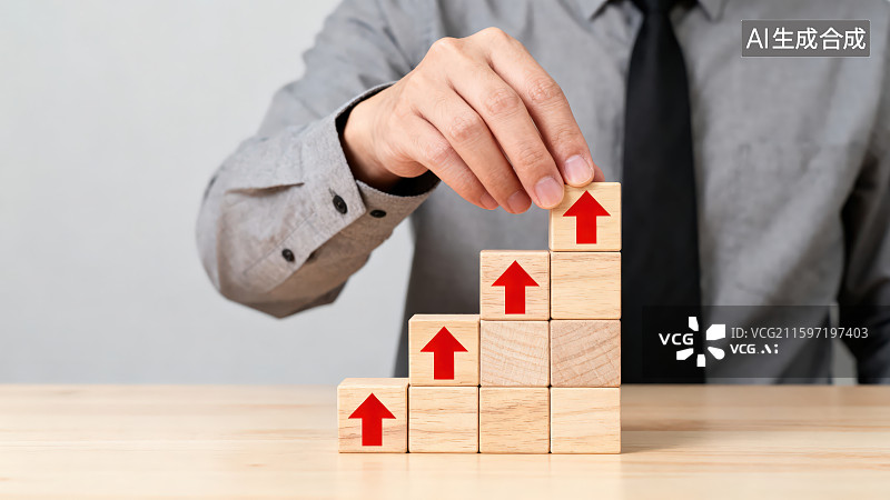 【AI数字艺术】身穿灰色衬衫系领带的商务专业人士手拿着依次增高上升带有红色箭头符号的积木图片素材