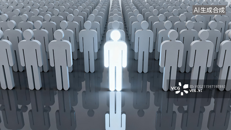 【AI数字艺术】人形人群中一个发白色亮光的人物，团队合作与领导力理念概念图片素材