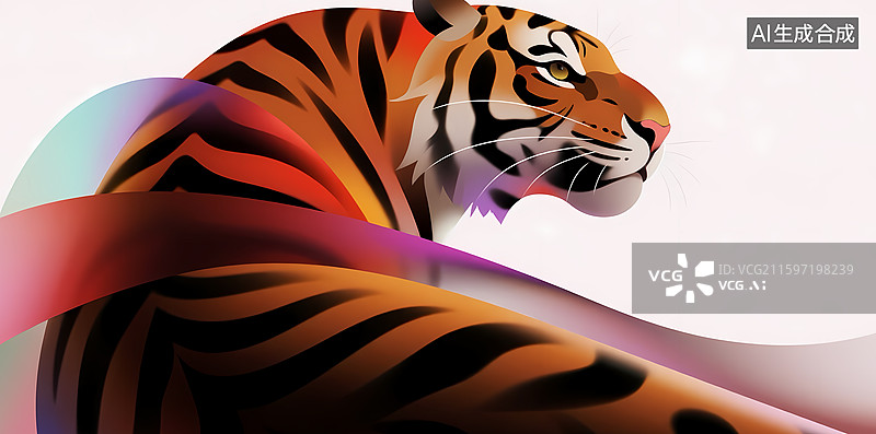 【AI数字艺术】彩带环绕的老虎侧影图片素材