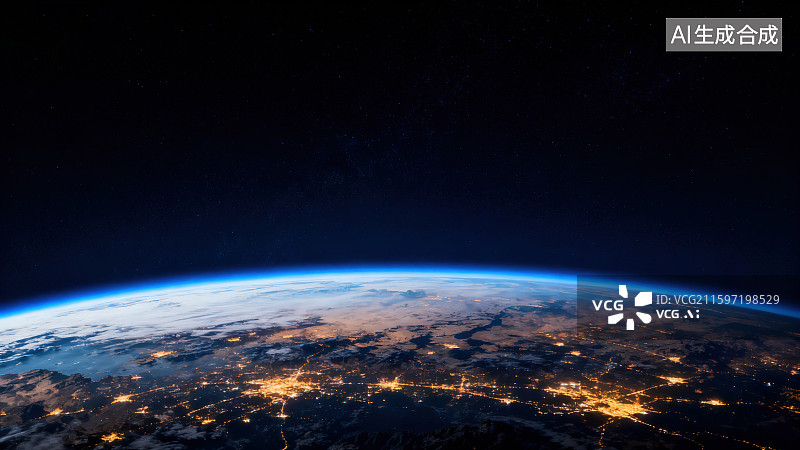 【AI数字艺术】从太空展现地球弧形轮廓表面点状城市灯火璀璨金色丝带般交织纹理，宇宙太空地球全球信息网络数据科技背景图片素材