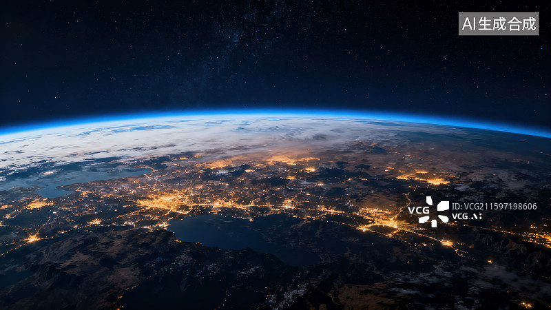【AI数字艺术】从太空展现地球弧形轮廓表面点状城市灯火璀璨金色丝带般交织纹理，宇宙太空地球全球信息网络数据科技背景图片素材