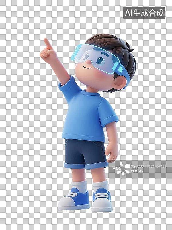 【AI数字艺术】3D渲染卡通人物，戴着人工智能眼镜的儿童，青少年，小学生，中学生，免抠元素图片素材