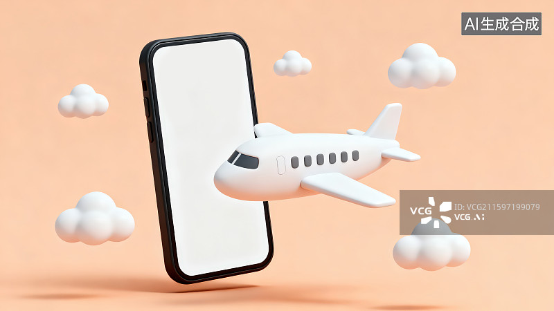 【AI数字艺术】纯色背景下悬浮着的黑框白色屏幕智能手机模型旁边有卡通白色飞机和云朵，节假日出行与旅游旅行主题概念图片素材