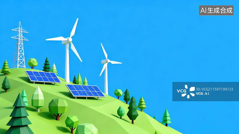 【AI数字艺术】3d渲染卡通风格半山坡上的风力发电机光伏太阳能板和电缆电线铁塔图片素材