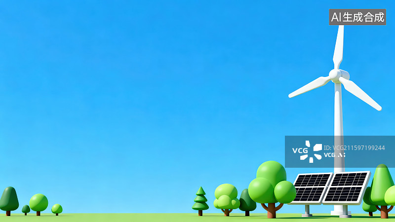 【AI数字艺术】3D渲染卡通风格风力发电机和光伏太阳能电池板，科技新能源光伏发电概念背景图片素材