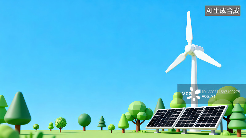 【AI数字艺术】3D渲染卡通风格风力发电机和光伏太阳能电池板，科技新能源光伏发电概念背景图片素材
