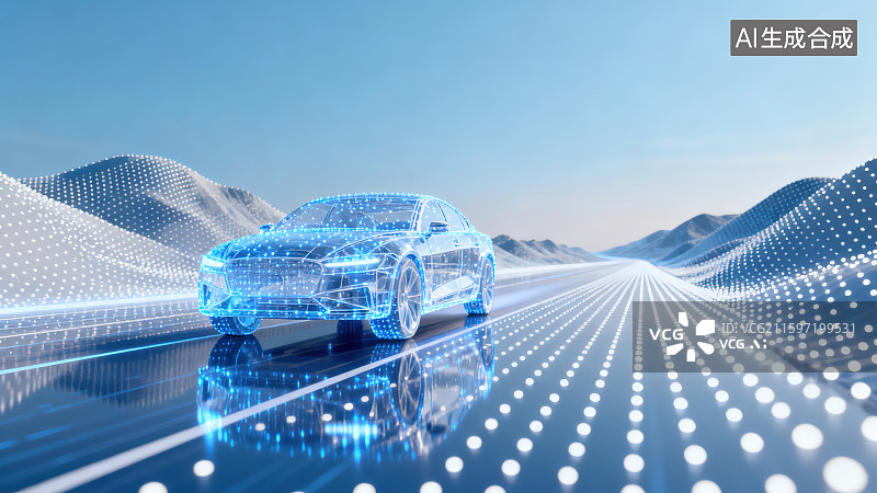 【AI数字艺术】数字化点阵线条网格数据景观道路上行驶着未来虚拟汽车，数字空间未来科技背景图片素材