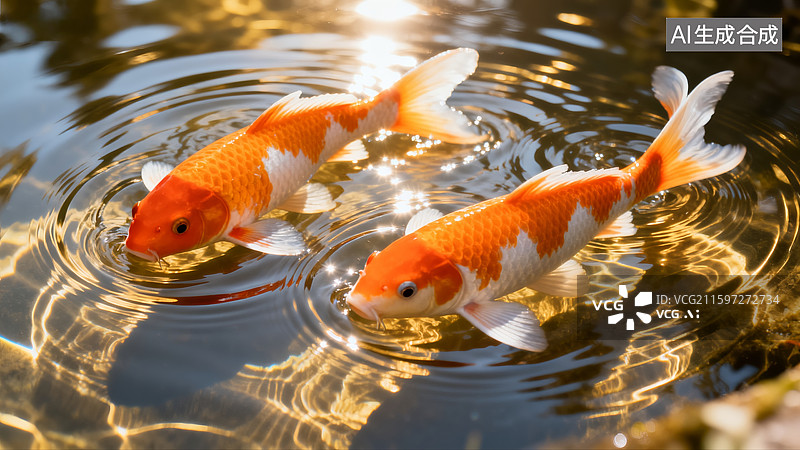 【AI数字艺术】金色水波里游泳的金鱼，鲤鱼图片素材