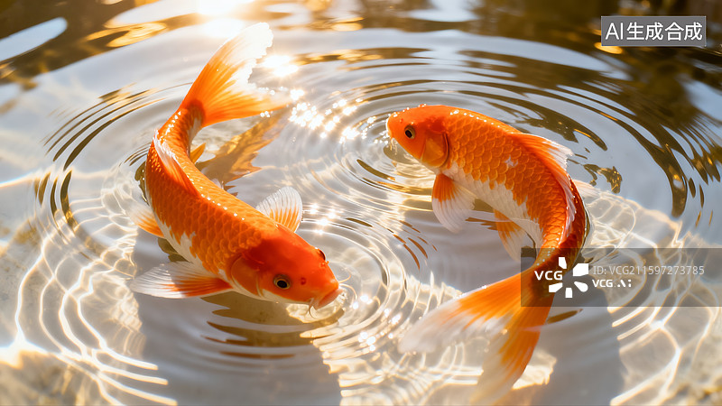 【AI数字艺术】金色水波里游泳的金鱼，鲤鱼图片素材