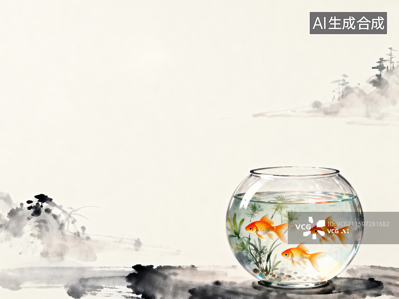 【AI数字艺术】传统水墨画风格的玻璃鱼缸图片素材