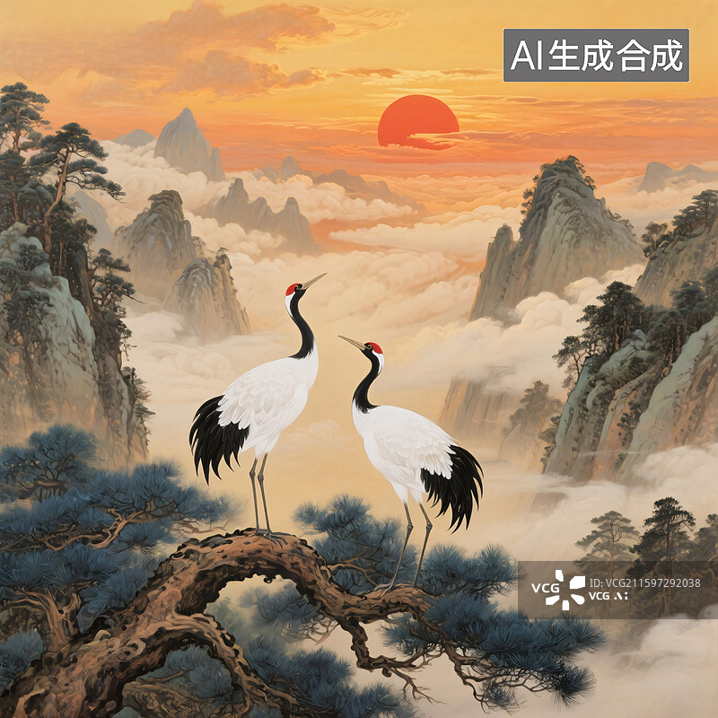 【AI数字艺术】松鹤延年旭日东升图片素材