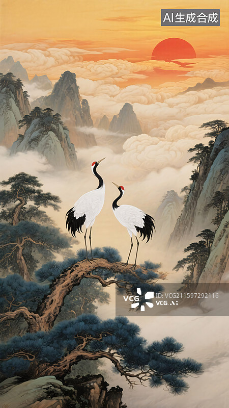 【AI数字艺术】松鹤延年旭日东升图片素材
