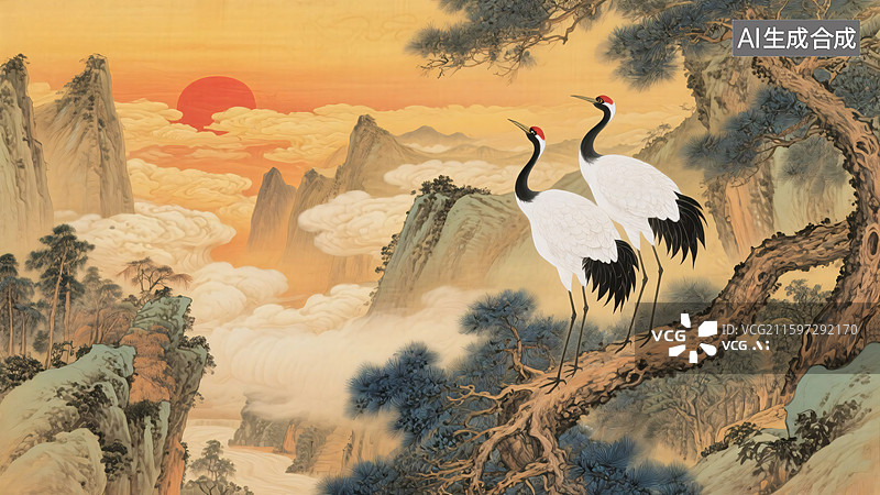 【AI数字艺术】松鹤延年旭日东升图片素材