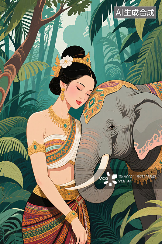 【AI数字艺术】傣族少女与大象图片素材