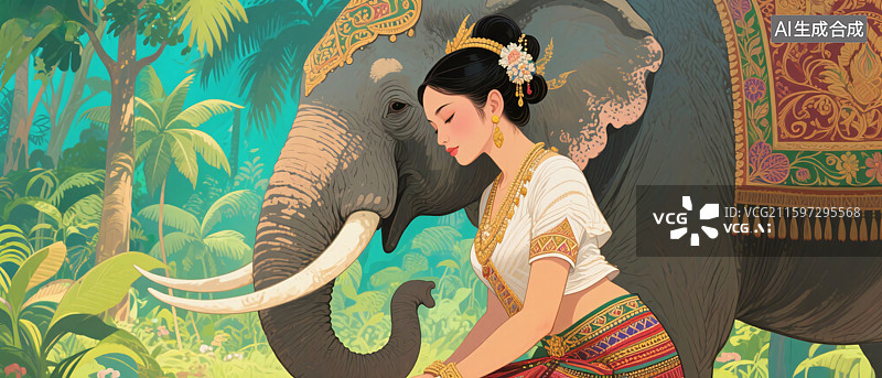 【AI数字艺术】傣族少女与大象图片素材