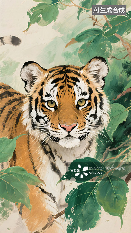 【AI数字艺术】虎崽与绿叶图片素材