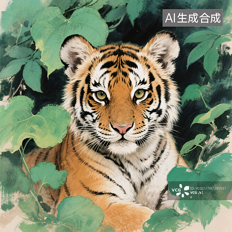 【AI数字艺术】虎崽与绿叶图片素材