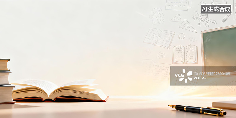 【AI数字艺术】书桌上的书籍与文具图片素材