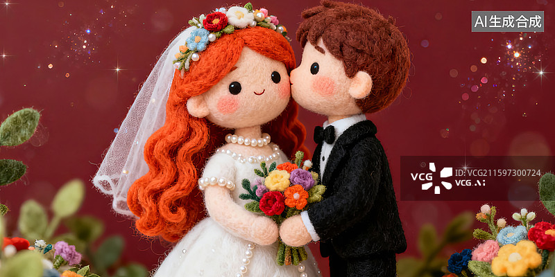 【AI数字艺术】毛毡婚礼新人亲吻场景图片素材