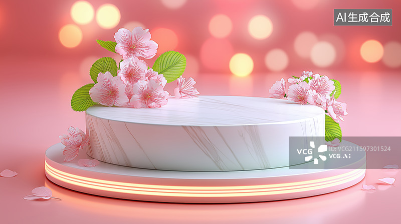 【AI数字艺术】大理石蛋糕台与樱花装饰图片素材