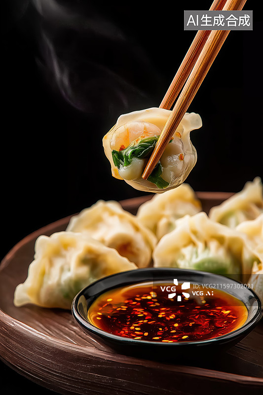 【AI数字艺术】热气腾腾的饺子配蘸料图片素材
