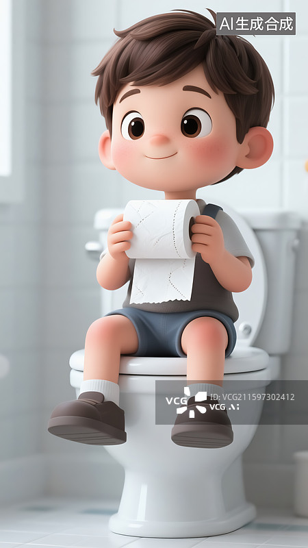 【AI数字艺术】坐在马桶上的男孩插画图片素材