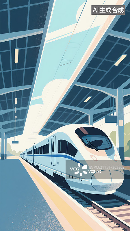 【AI数字艺术】高铁列车站台插画图片素材