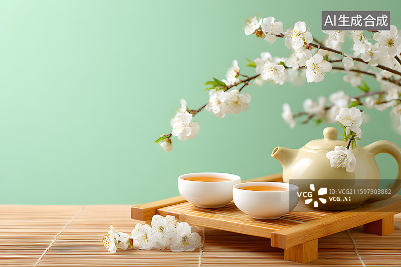 【AI数字艺术】茶桌上放着两杯茶图片素材