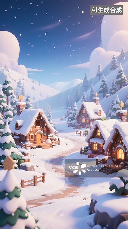 【AI数字艺术】冬天乡村风景插画图片素材