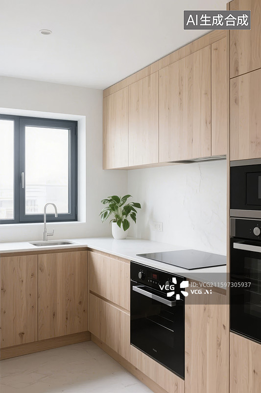 【AI数字艺术】现代木质厨房室内设计图片素材