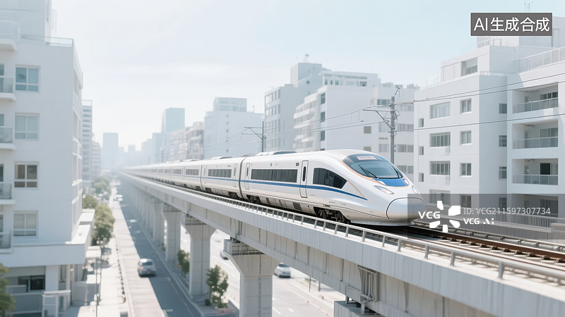 【AI数字艺术】城市高架轨道列车行驶图片素材