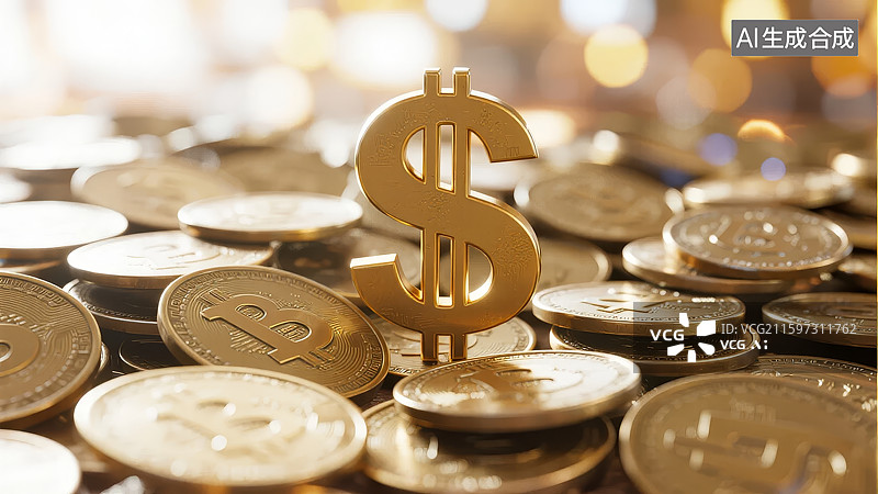 【AI数字艺术】金色美元符号与金币堆叠图片素材