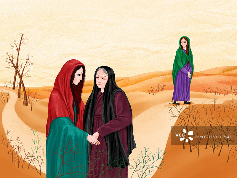 历史故事 绘本插画 沙漠里两个人手牵手图片素材