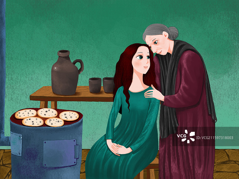 历史故事 绘本插画 祖母拍着女儿肩膀语重心长的说话图片素材