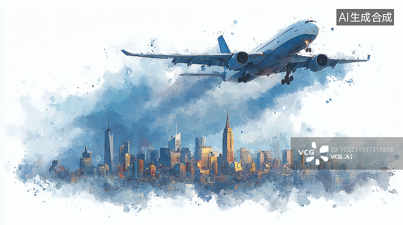 【AI数字艺术】城市建筑为背景，一架起飞的飞机插画图片素材