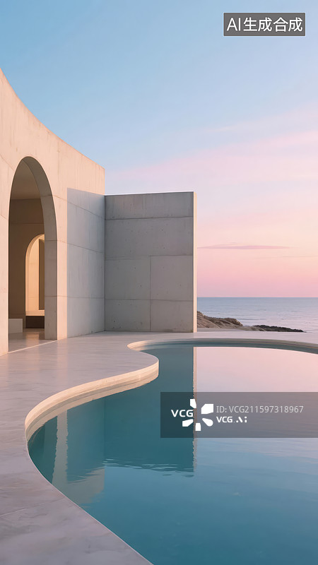 【AI数字艺术】现代建筑与无边泳池海景图片素材