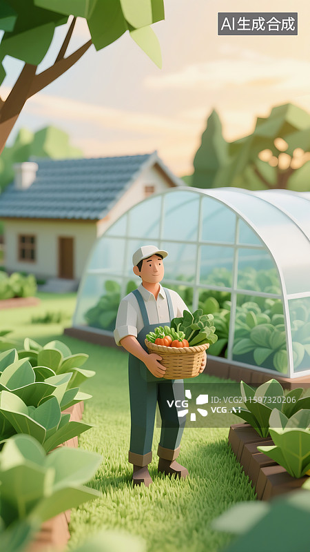 【AI数字艺术】菜地里男性抱着一筐菜蔬菜大棚房屋三维图图片素材