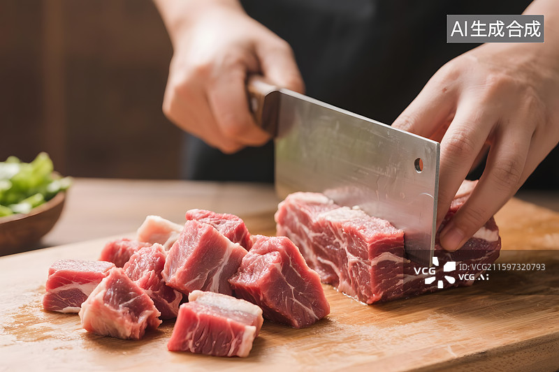 【AI数字艺术】厨师切新鲜生肉块图片素材